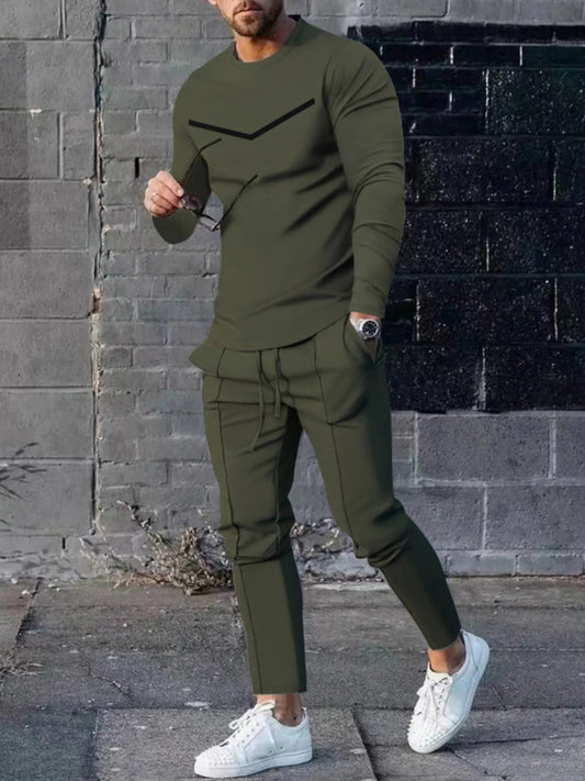 Men's Plus Size Round Neck Long Sleeve Top and Pants Set - R - DRESS