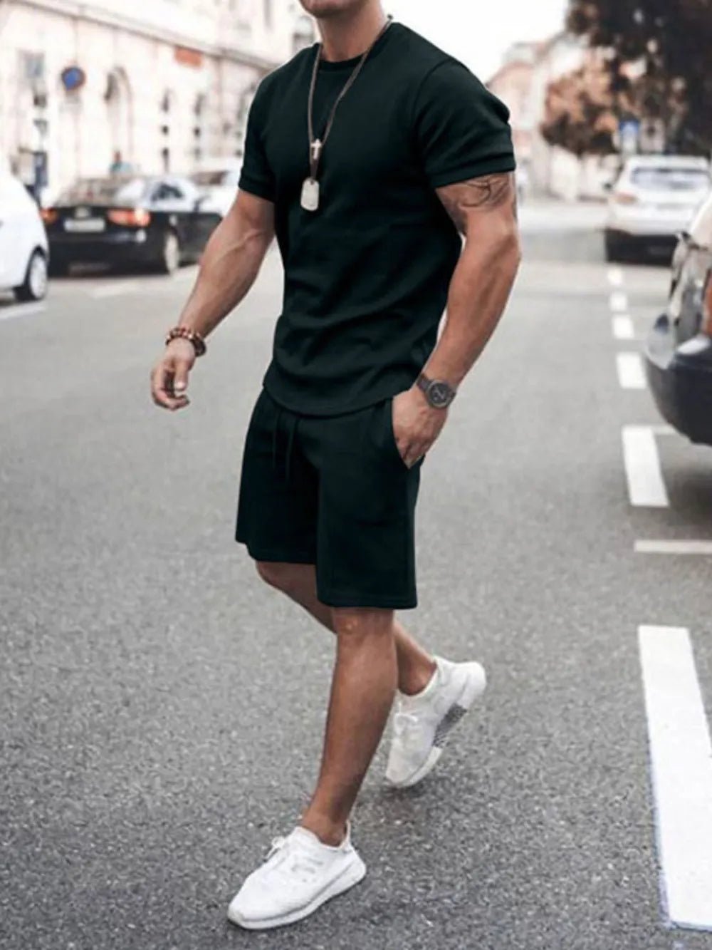 Men's Plus Size Round Neck Short Sleeve Top and Shorts Set - R - DRESS