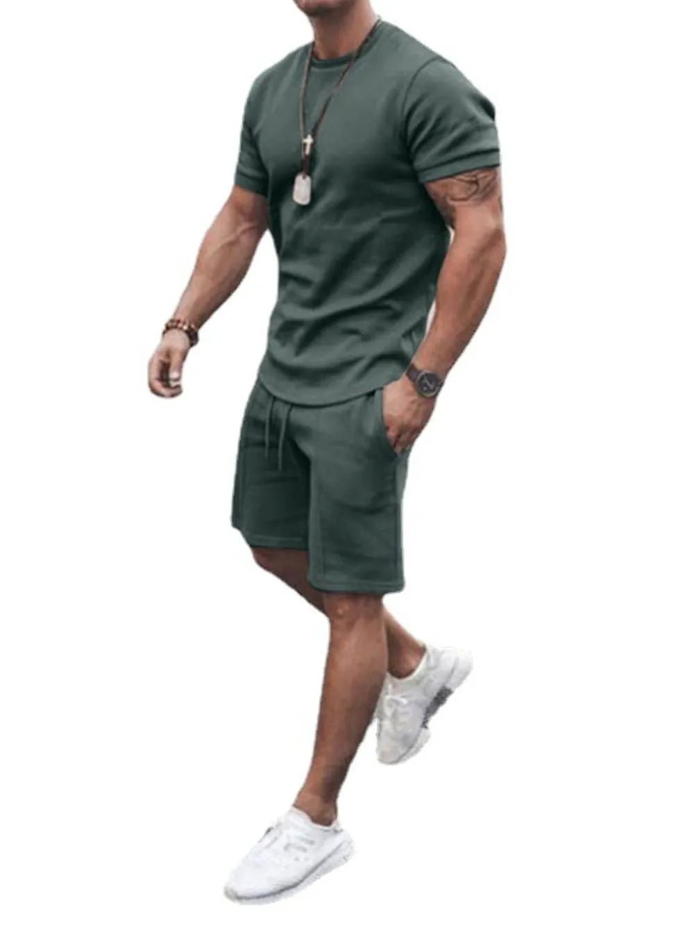 Men's Plus Size Round Neck Short Sleeve Top and Shorts Set - R - DRESS