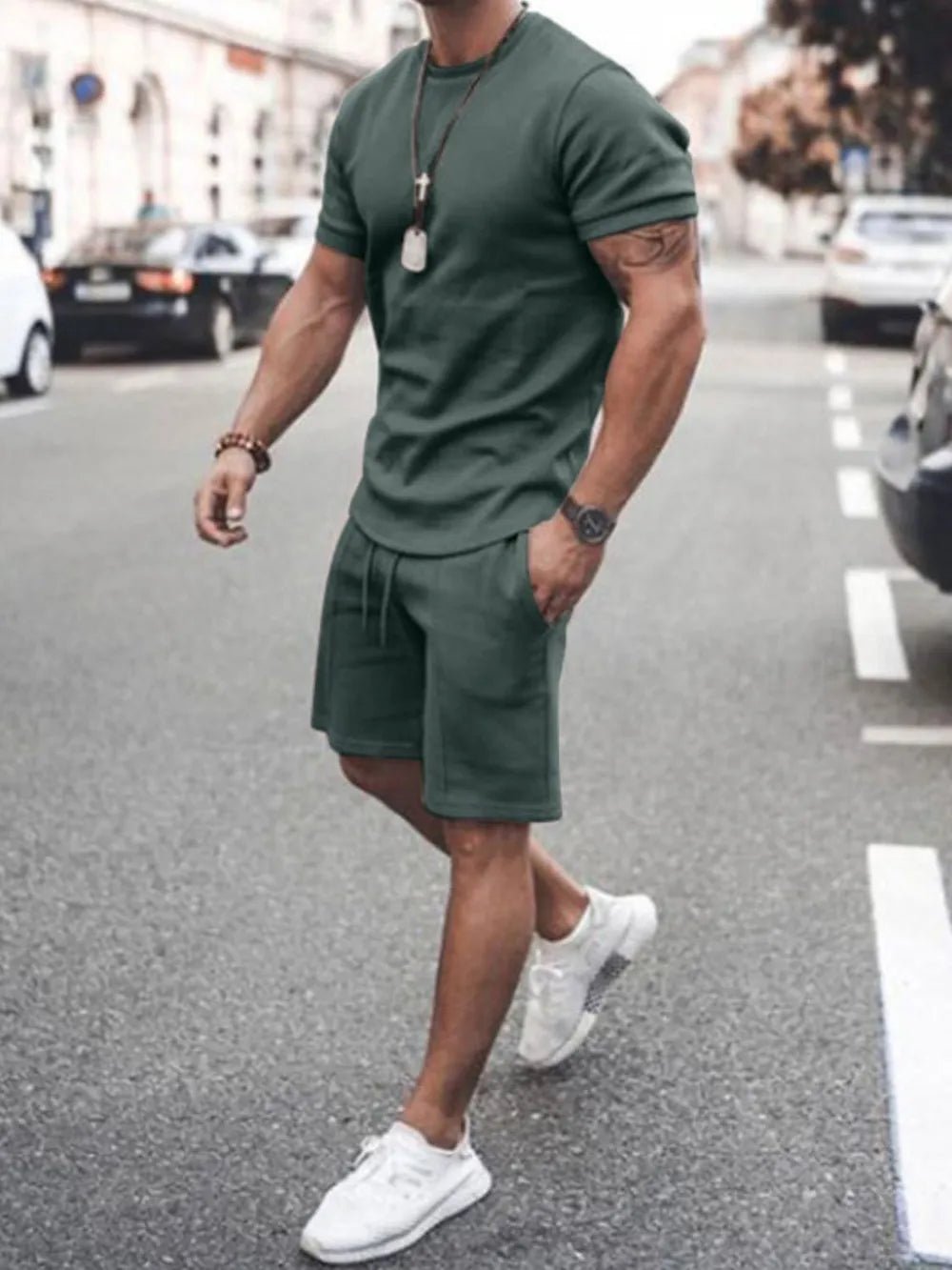 Men's Plus Size Round Neck Short Sleeve Top and Shorts Set - R - DRESS