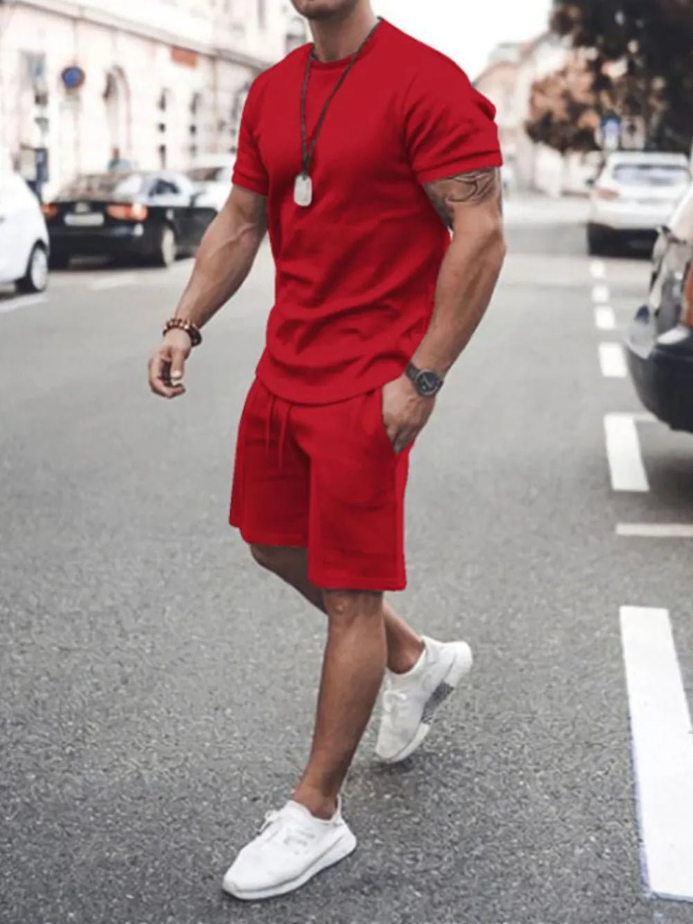 Men's Plus Size Round Neck Short Sleeve Top and Shorts Set - R - DRESS