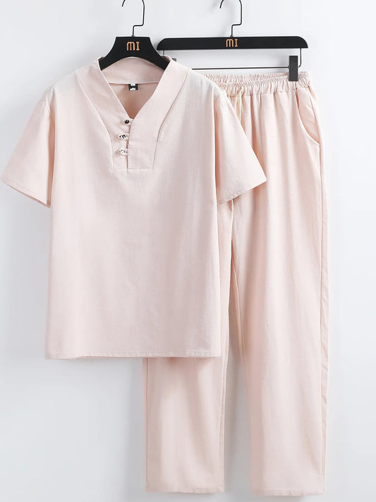 Men's Plus Size V - Neck Short Sleeve Top and Pants Set - R - DRESS
