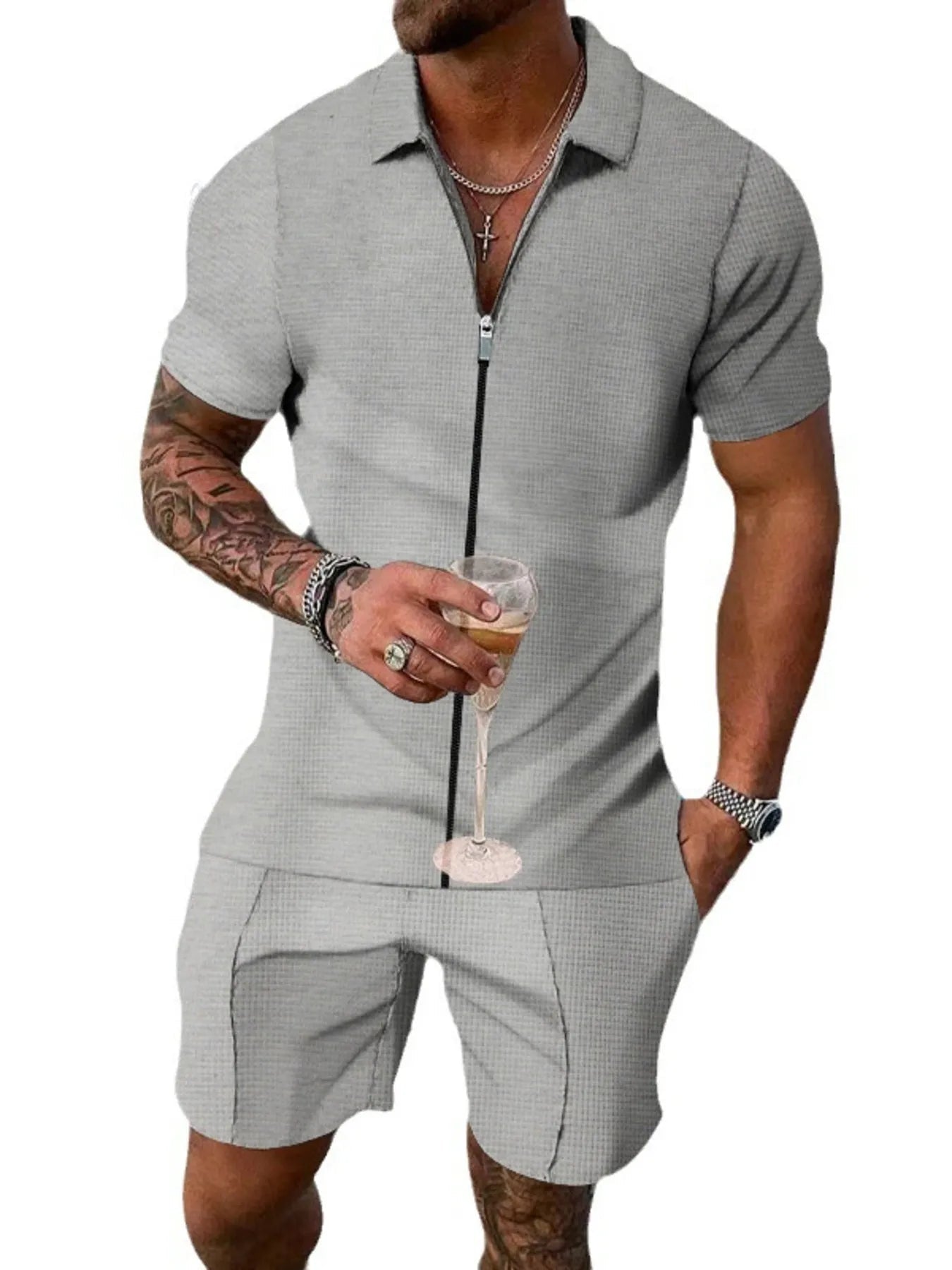 Men's Plus Size Zip Up Short Sleeve Top and Shorts Set - R - DRESS