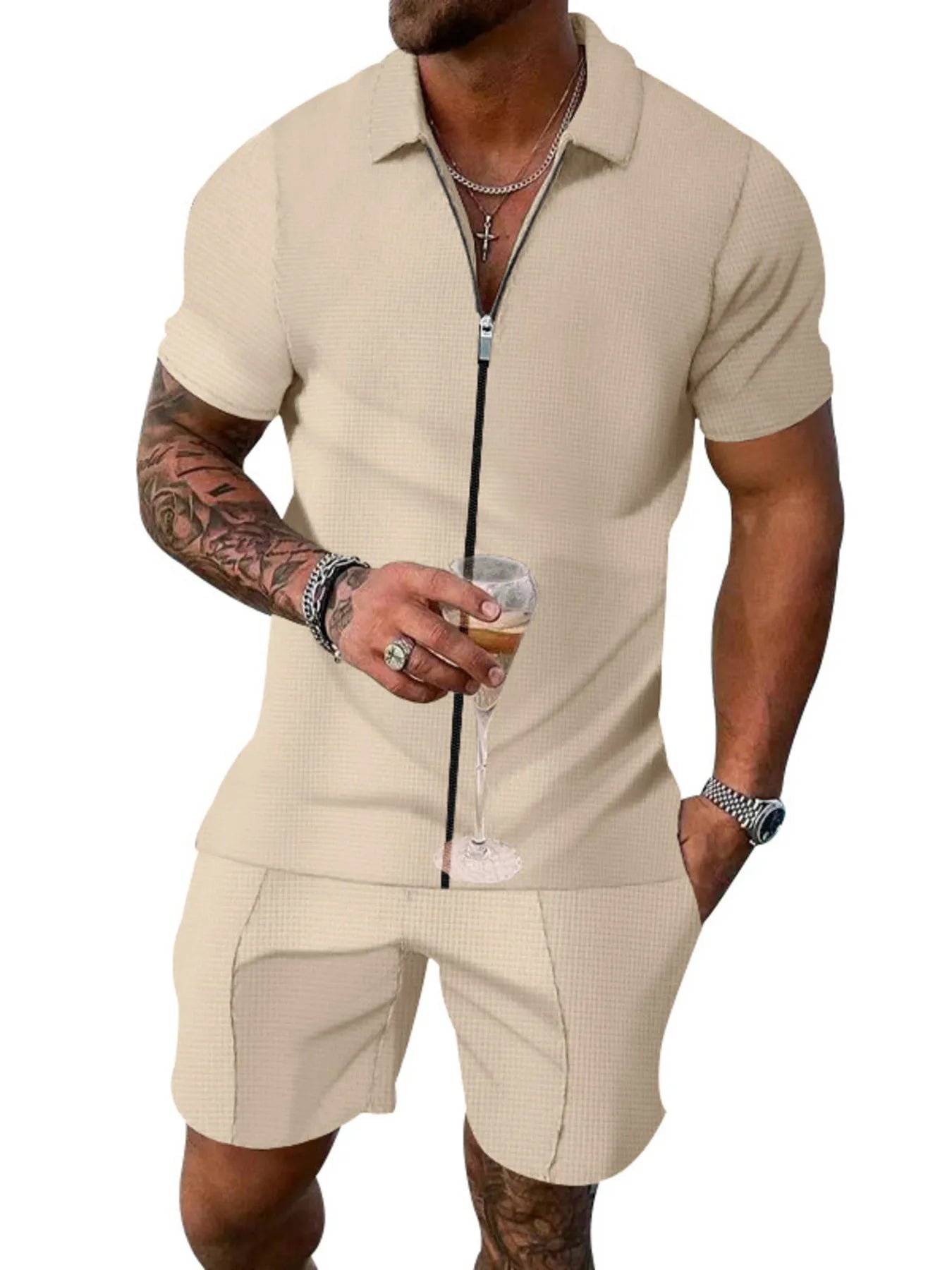 Men's Plus Size Zip Up Short Sleeve Top and Shorts Set - R - DRESS