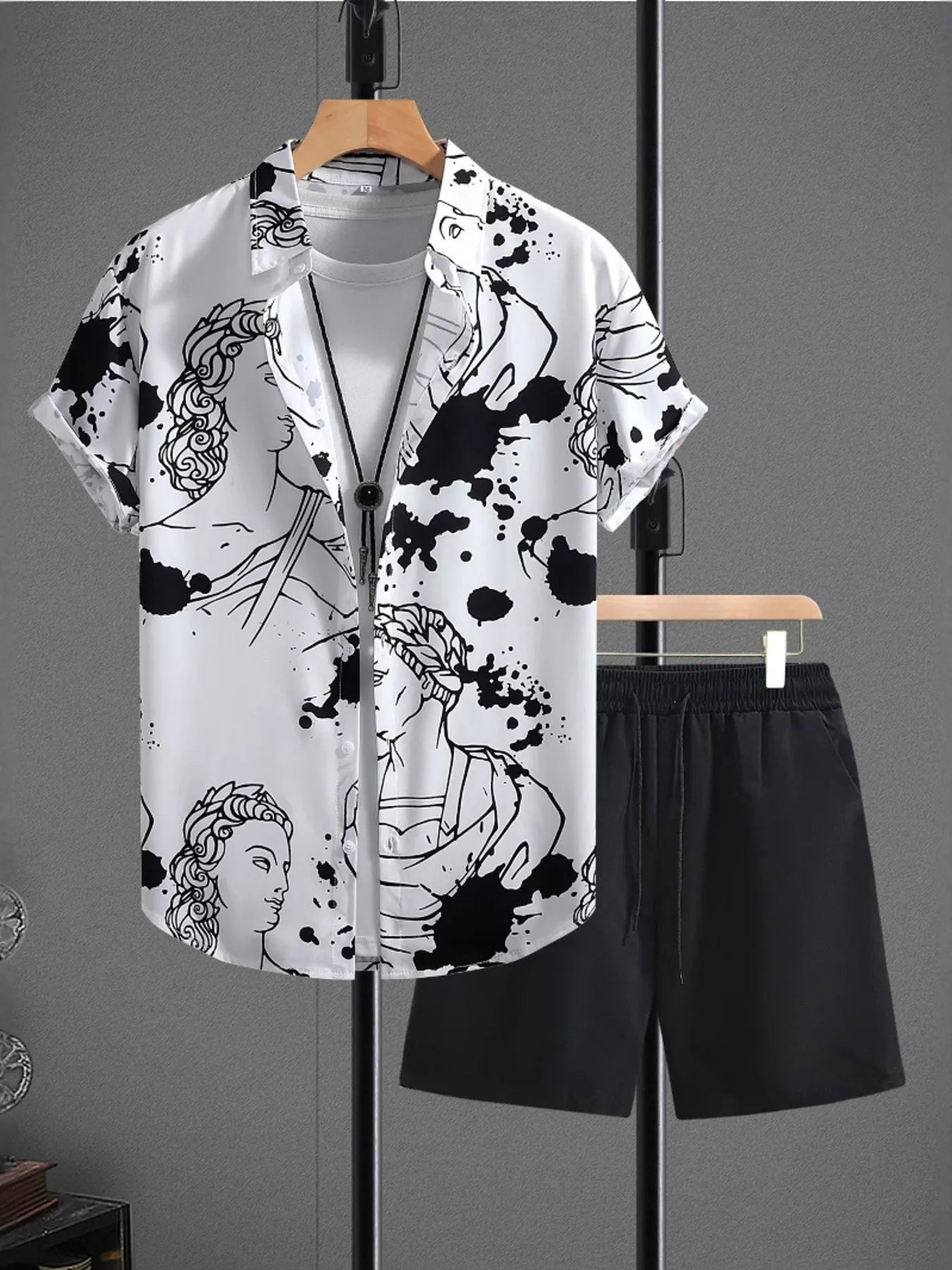Men's Printed Button Up Shirt and Shorts Set - R - DRESS