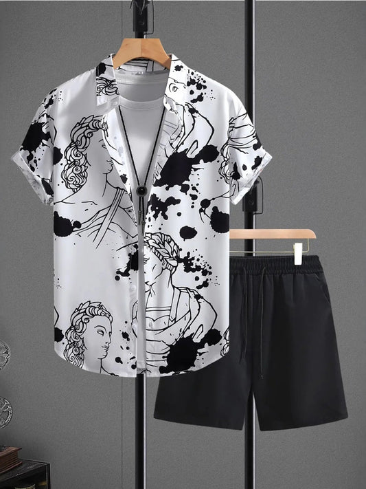 Men's Printed Button Up Shirt and Shorts Set - R - DRESS