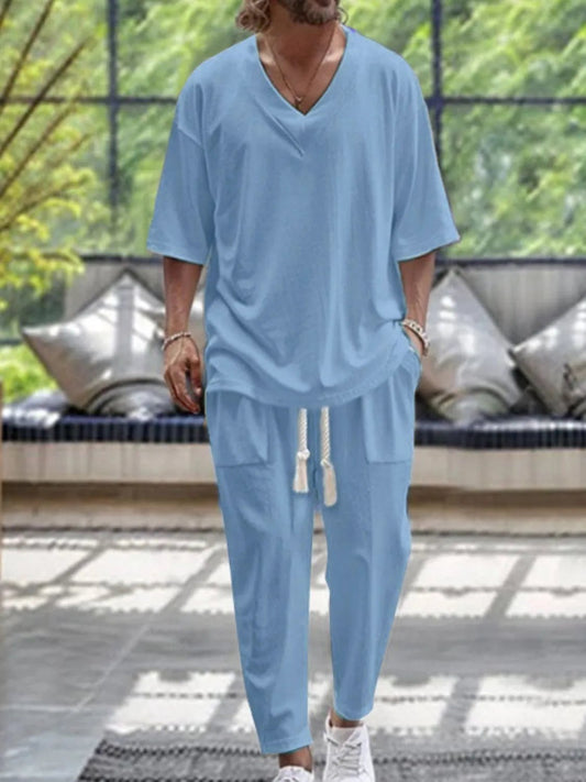 Men's V - Neck Half Sleeve Top and Pants Set - R - DRESS