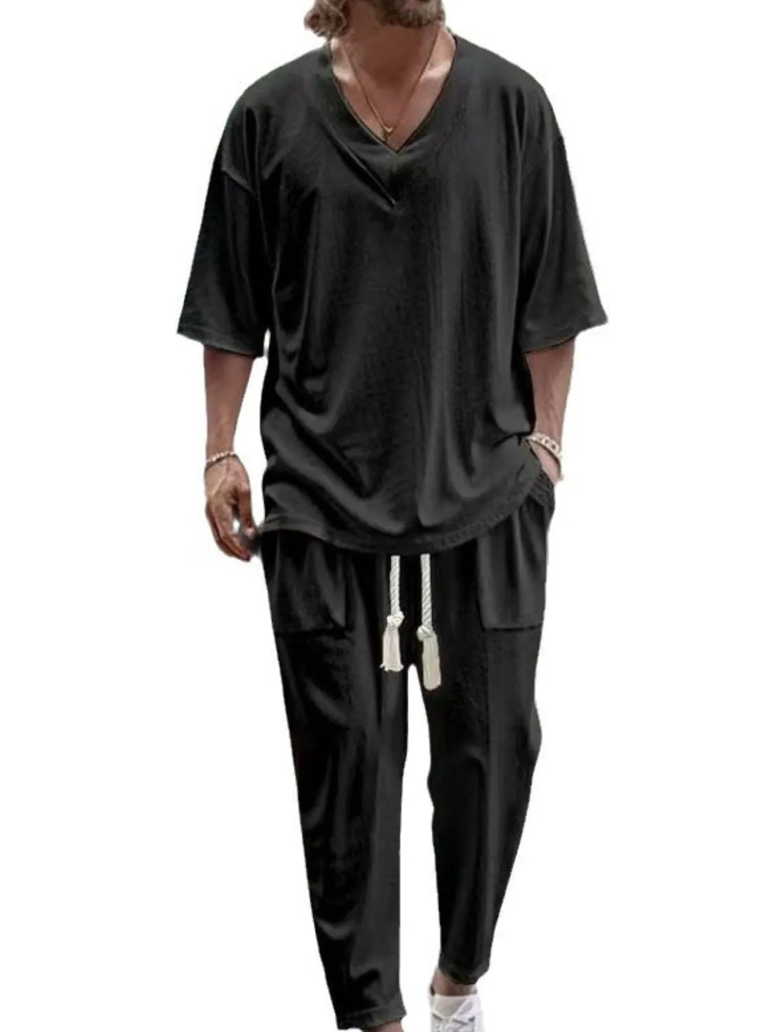 Men's V - Neck Half Sleeve Top and Pants Set - R - DRESS