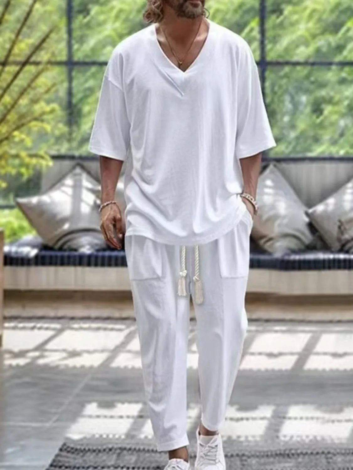 Men's V - Neck Half Sleeve Top and Pants Set - R - DRESS