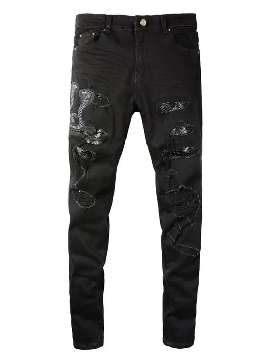 Men's Washed Snake Embroidered Slim Jeans - R - DRESS
