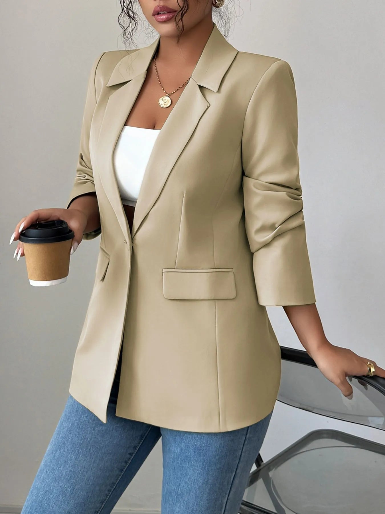 One Button Lapel Collar Blazer - R - DRESS