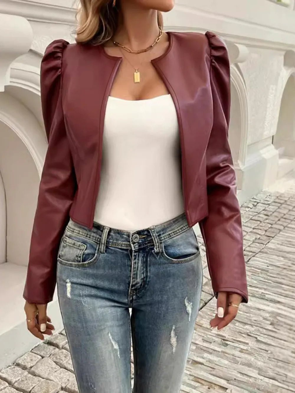 PU Leather Open Front Puff Sleeve Jacket - R - DRESS