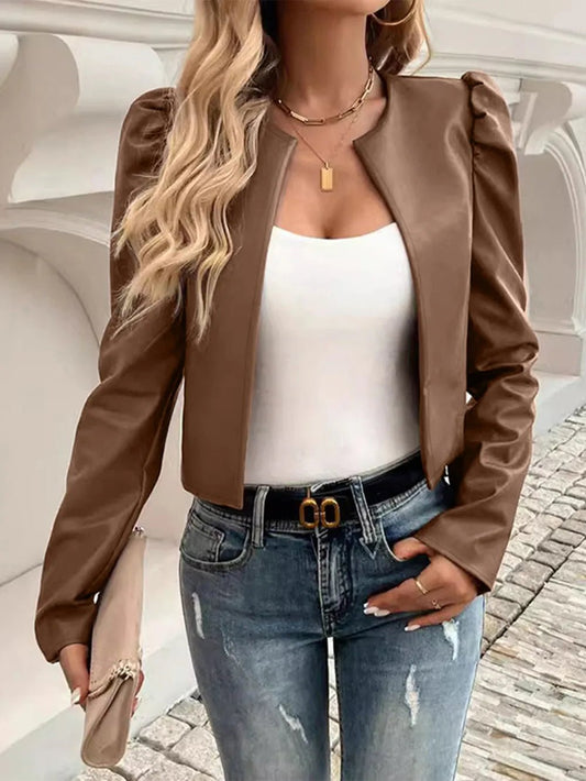 PU Leather Open Front Puff Sleeve Jacket - R - DRESS