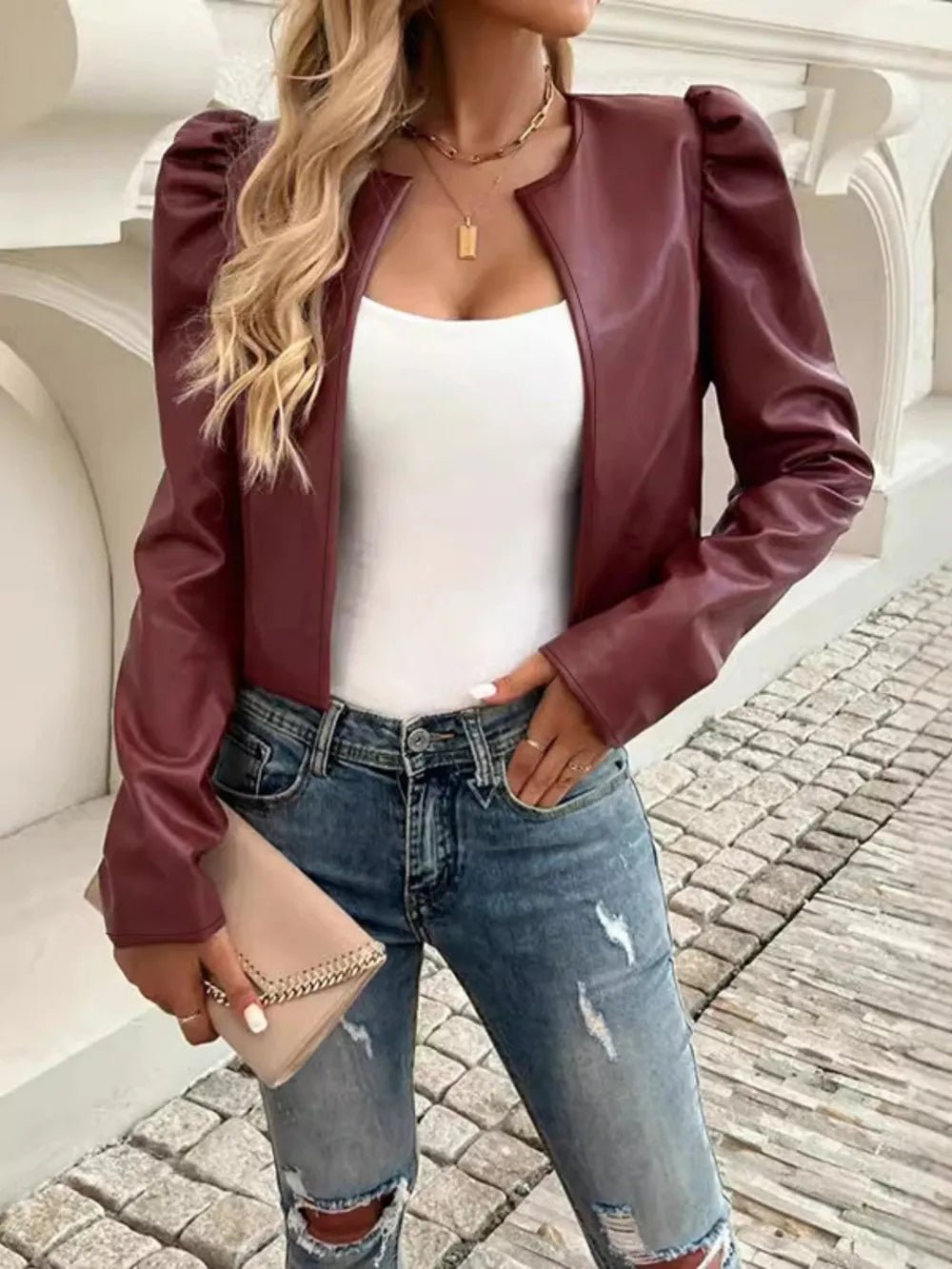 PU Leather Open Front Puff Sleeve Jacket - R - DRESS