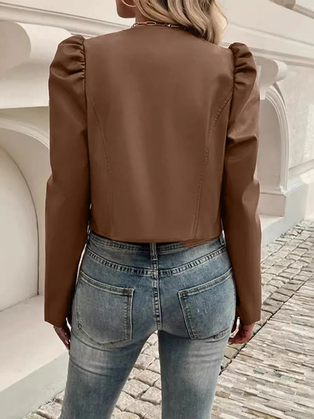 PU Leather Open Front Puff Sleeve Jacket - R - DRESS