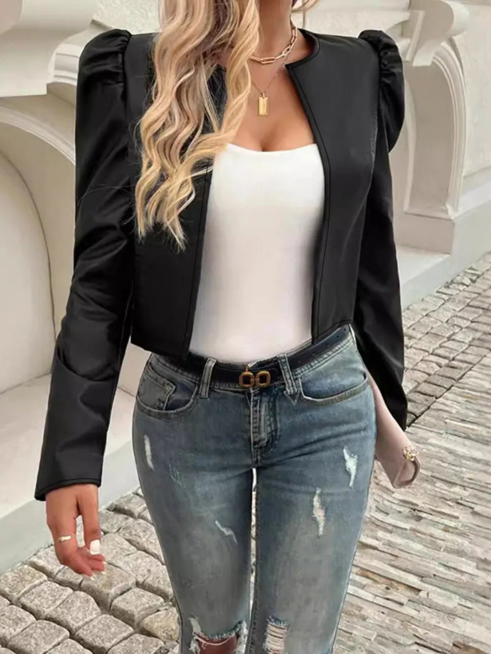 PU Leather Open Front Puff Sleeve Jacket - R - DRESS