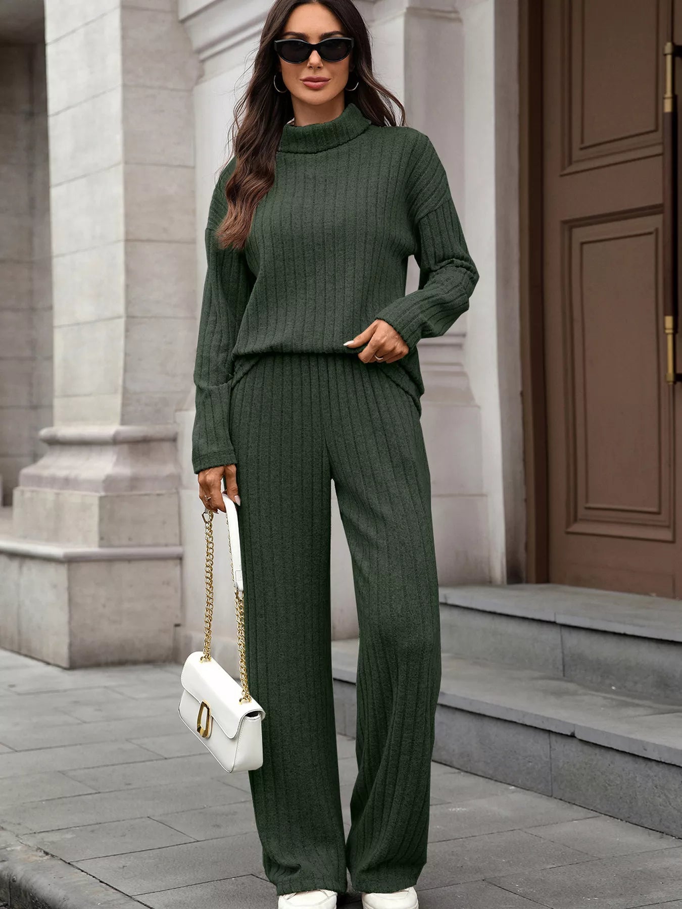 Ribbed Turtleneck Dropped Shoulder Top and Pants Sweater Set - R - DRESS