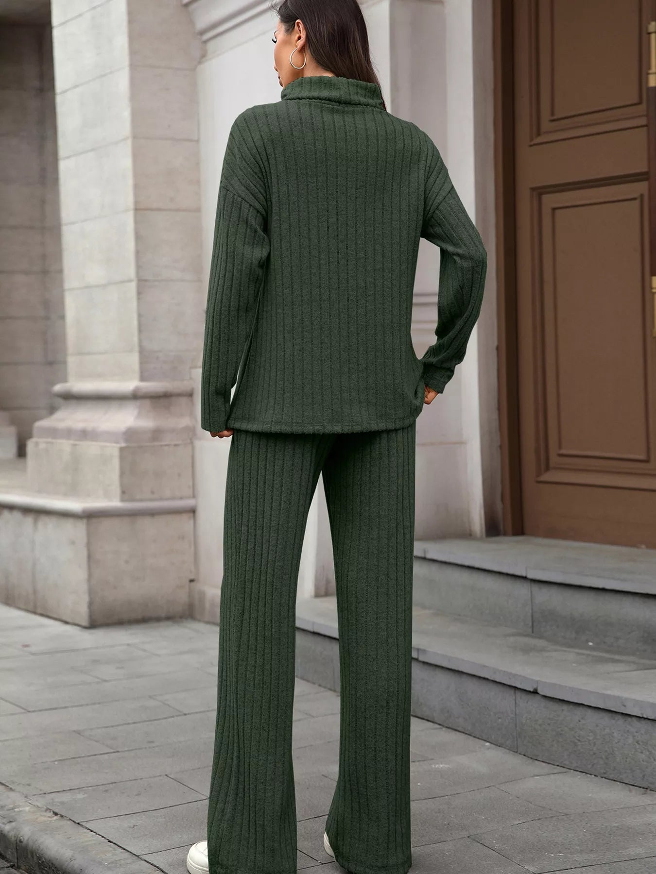 Ribbed Turtleneck Dropped Shoulder Top and Pants Sweater Set - R - DRESS