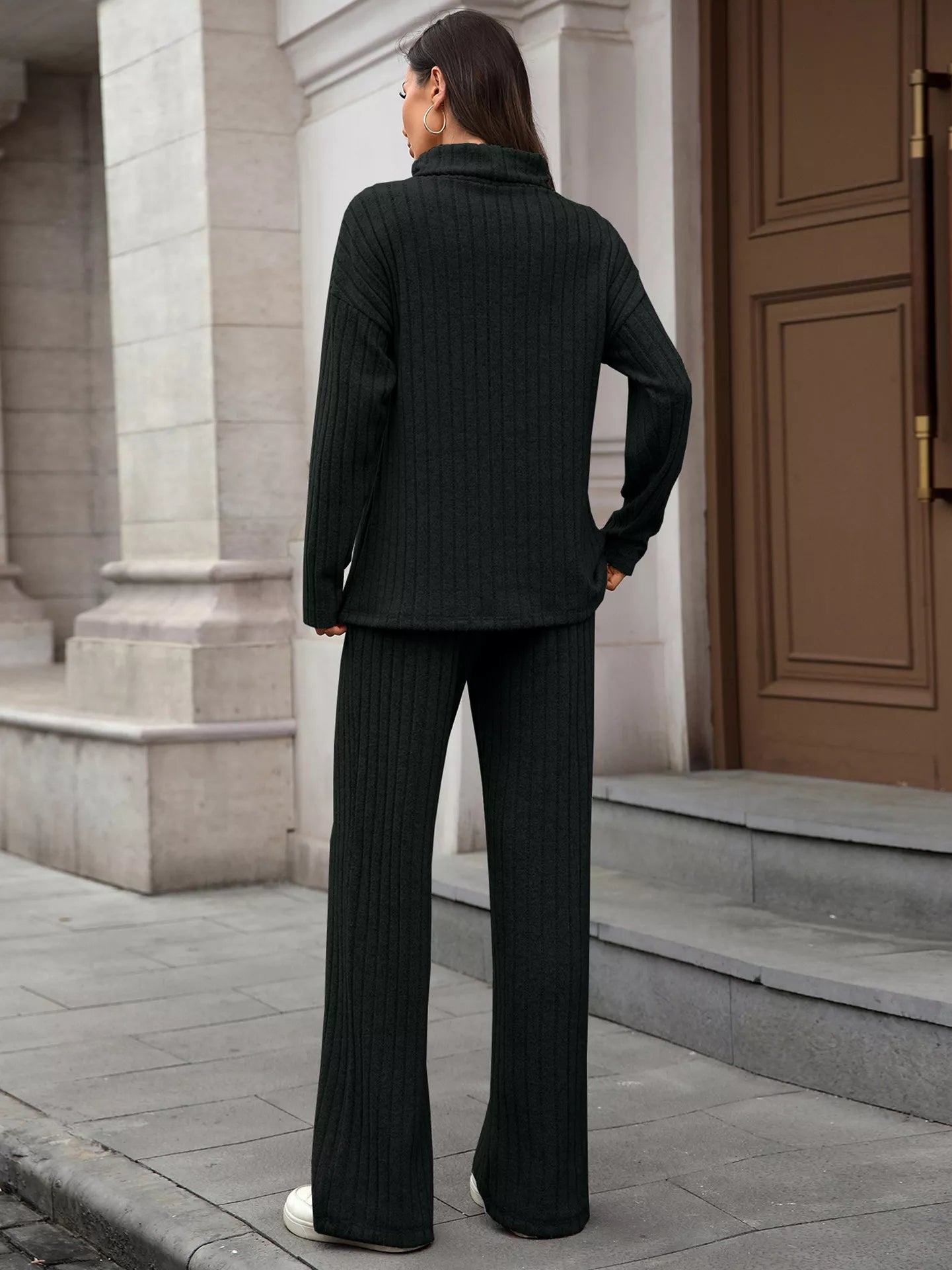 Ribbed Turtleneck Dropped Shoulder Top and Pants Sweater Set - R - DRESS