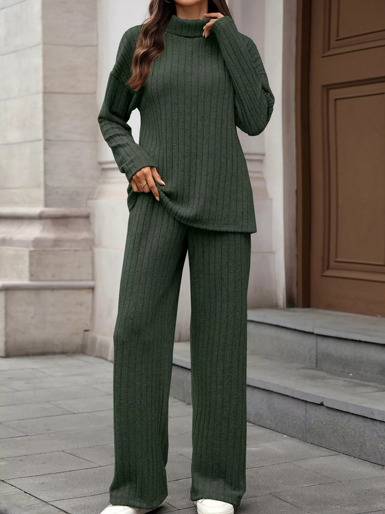 Ribbed Turtleneck Dropped Shoulder Top and Pants Sweater Set - R - DRESS
