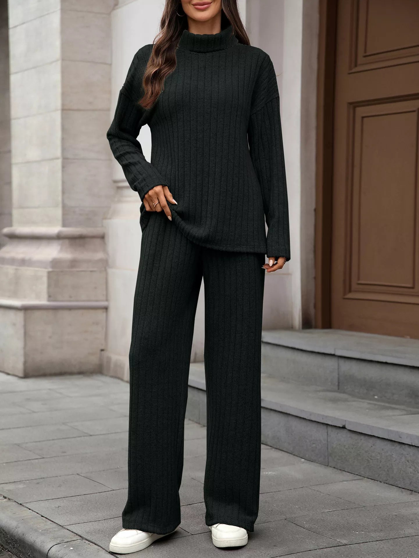 Ribbed Turtleneck Dropped Shoulder Top and Pants Sweater Set - R - DRESS