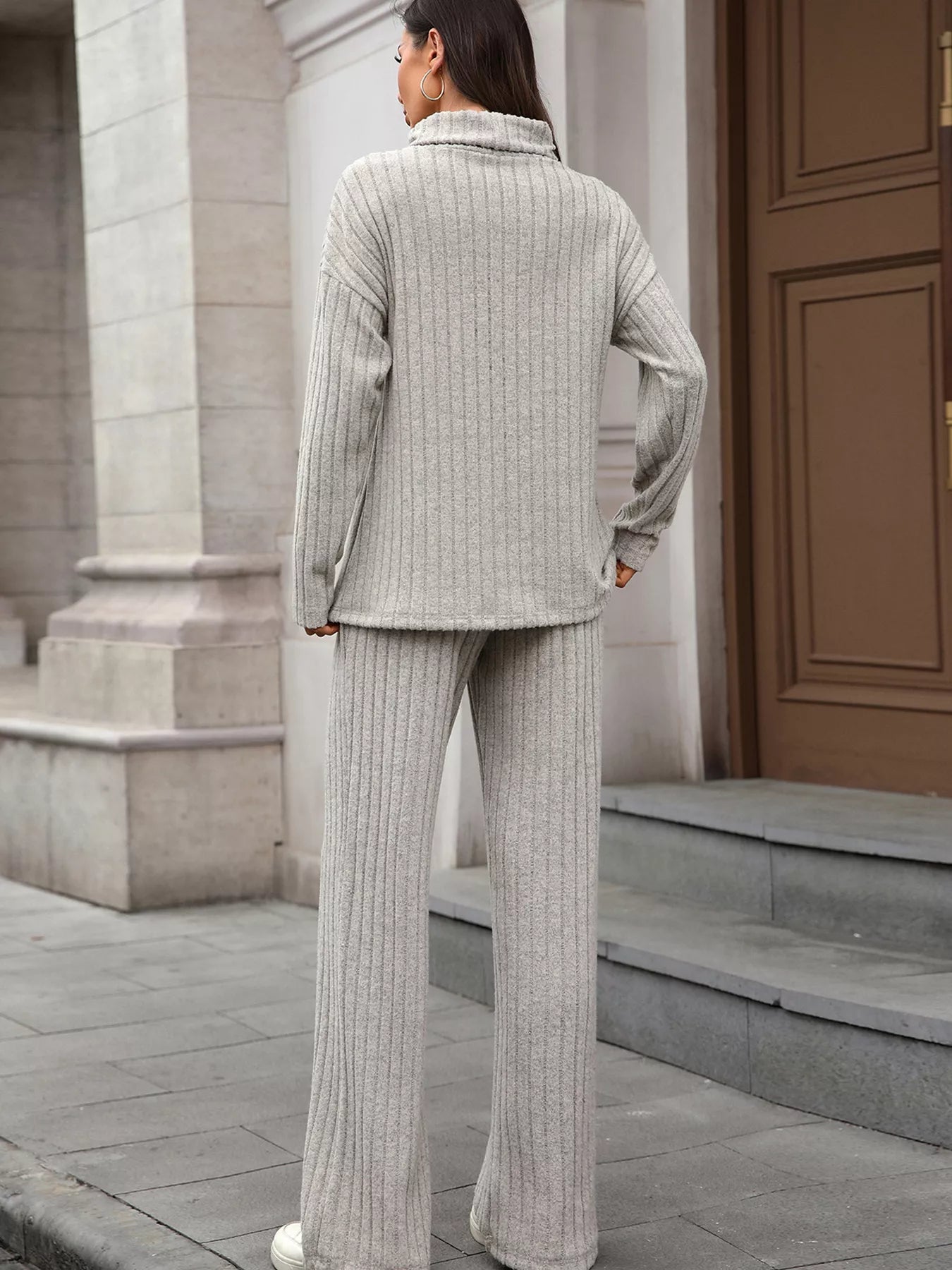 Ribbed Turtleneck Dropped Shoulder Top and Pants Sweater Set - R - DRESS