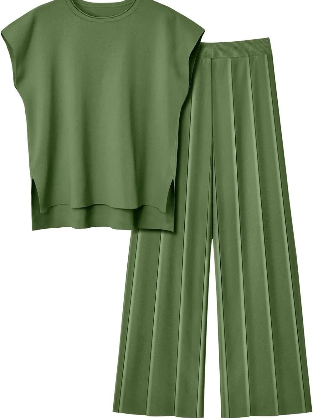 Round Neck Cap Sleeve Top and Pants Knit Set - R - DRESS