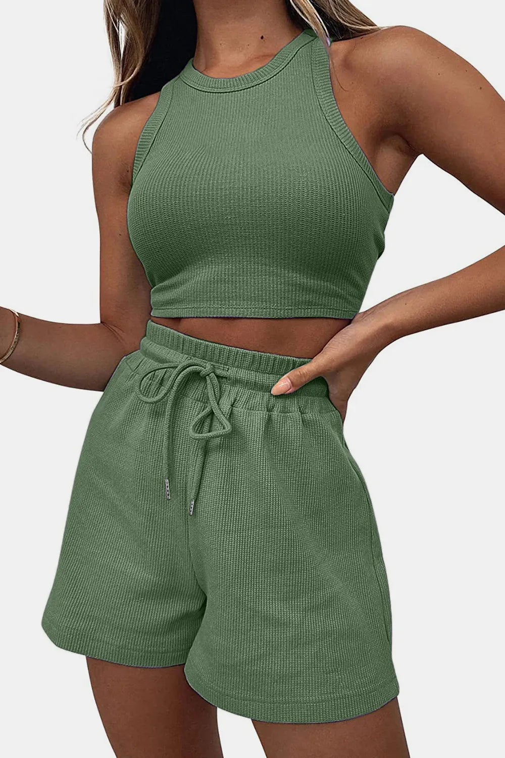 Round Neck Top and Drawstring Shorts Set - R - DRESS