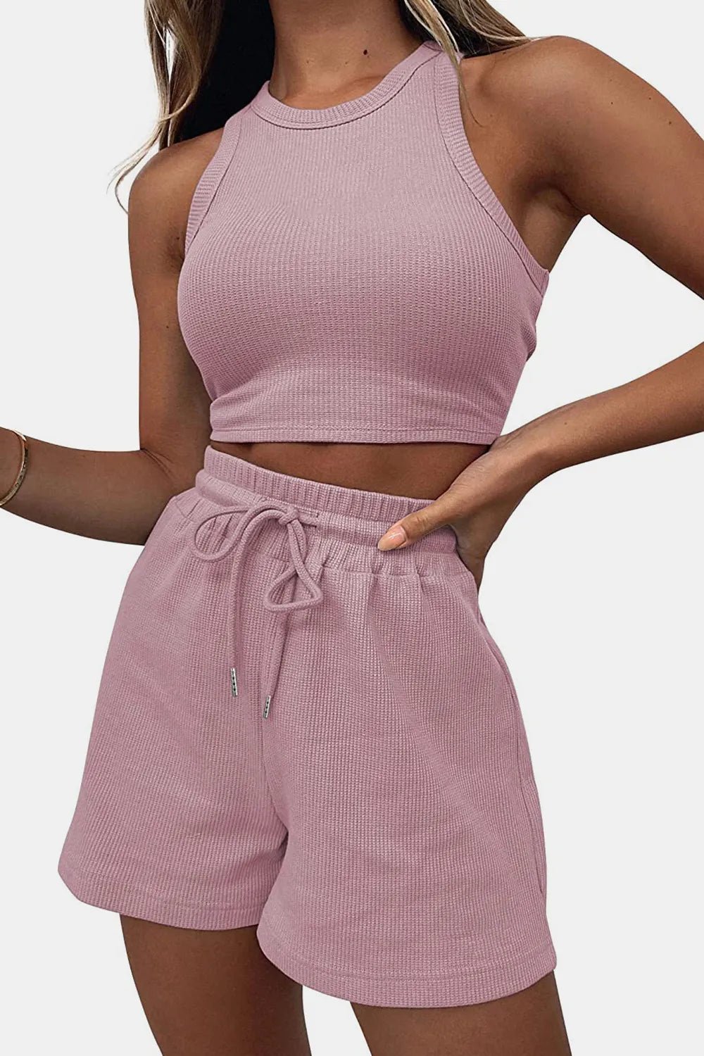 Round Neck Top and Drawstring Shorts Set - R - DRESS