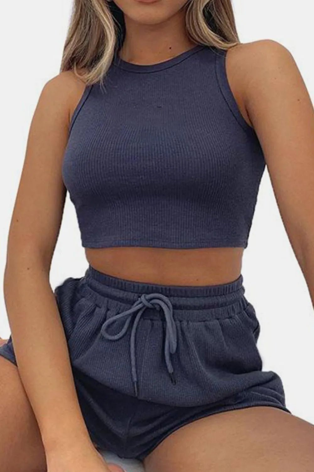 Round Neck Top and Drawstring Shorts Set - R - DRESS