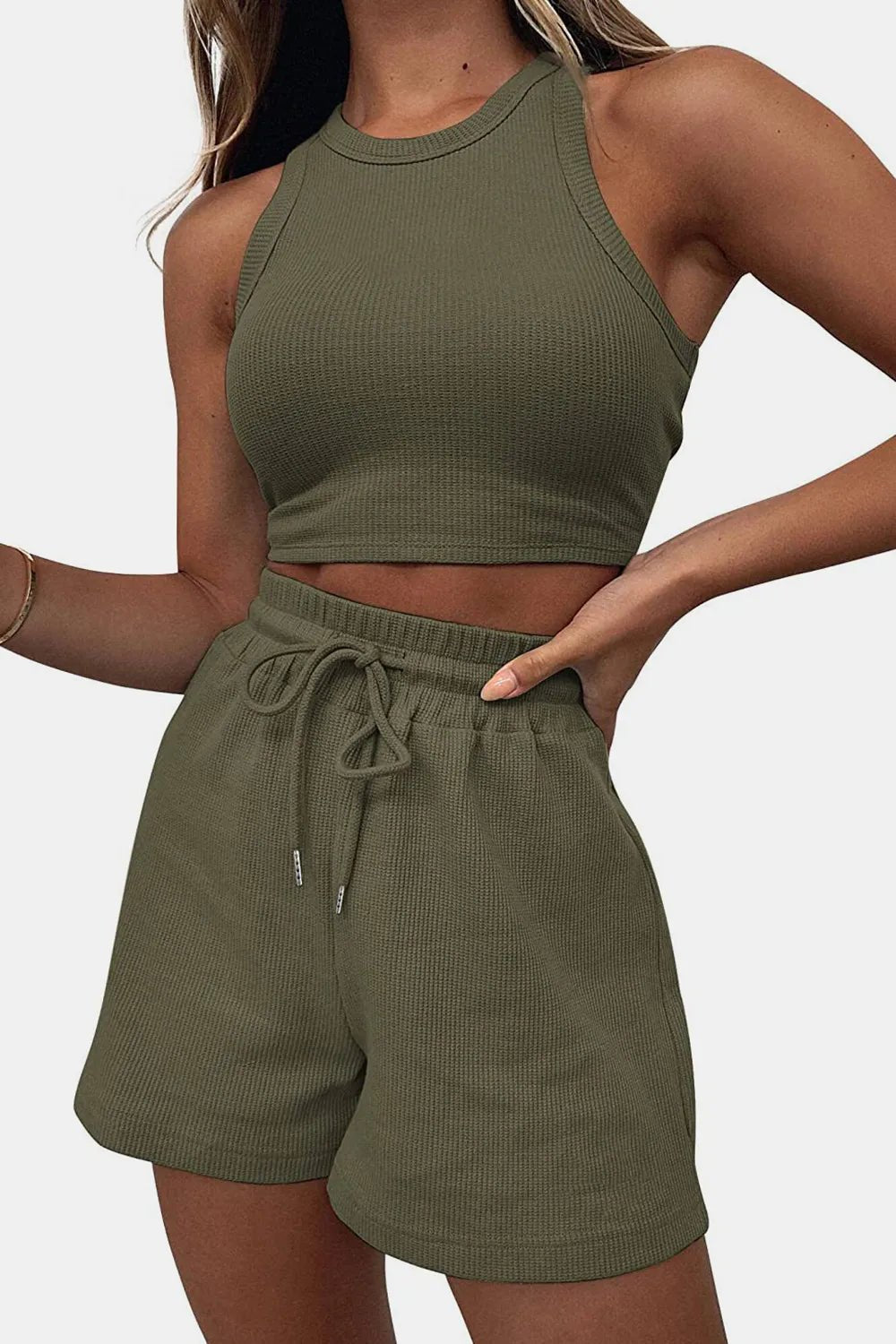 Round Neck Top and Drawstring Shorts Set - R - DRESS
