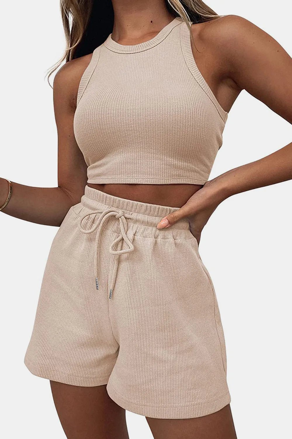 Round Neck Top and Drawstring Shorts Set - R - DRESS