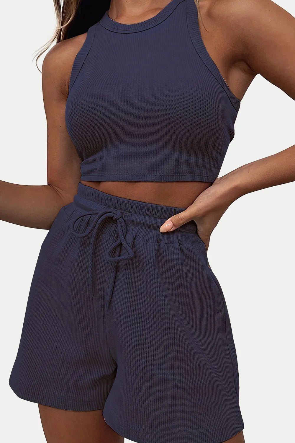 Round Neck Top and Drawstring Shorts Set - R - DRESS