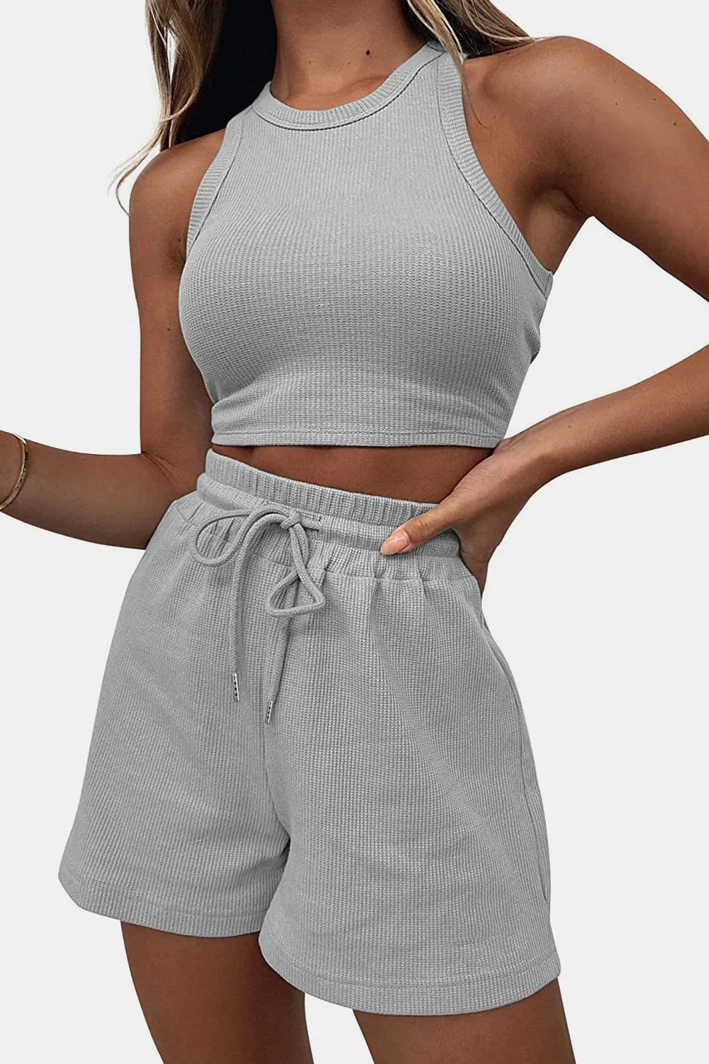Round Neck Top and Drawstring Shorts Set - R - DRESS