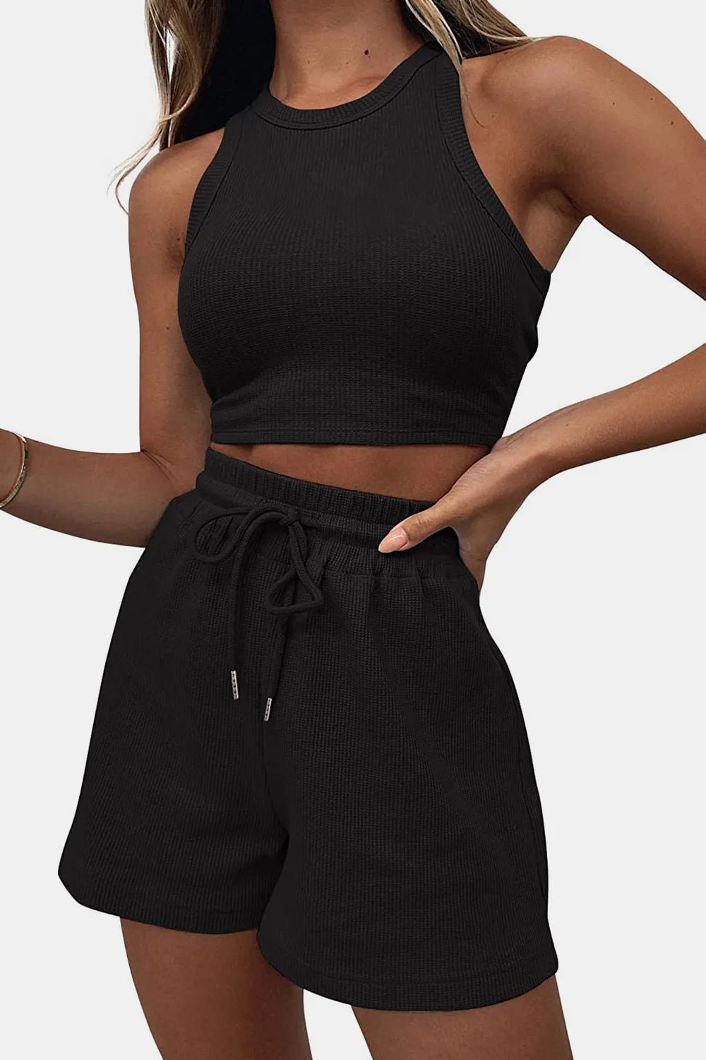 Round Neck Top and Drawstring Shorts Set - R - DRESS