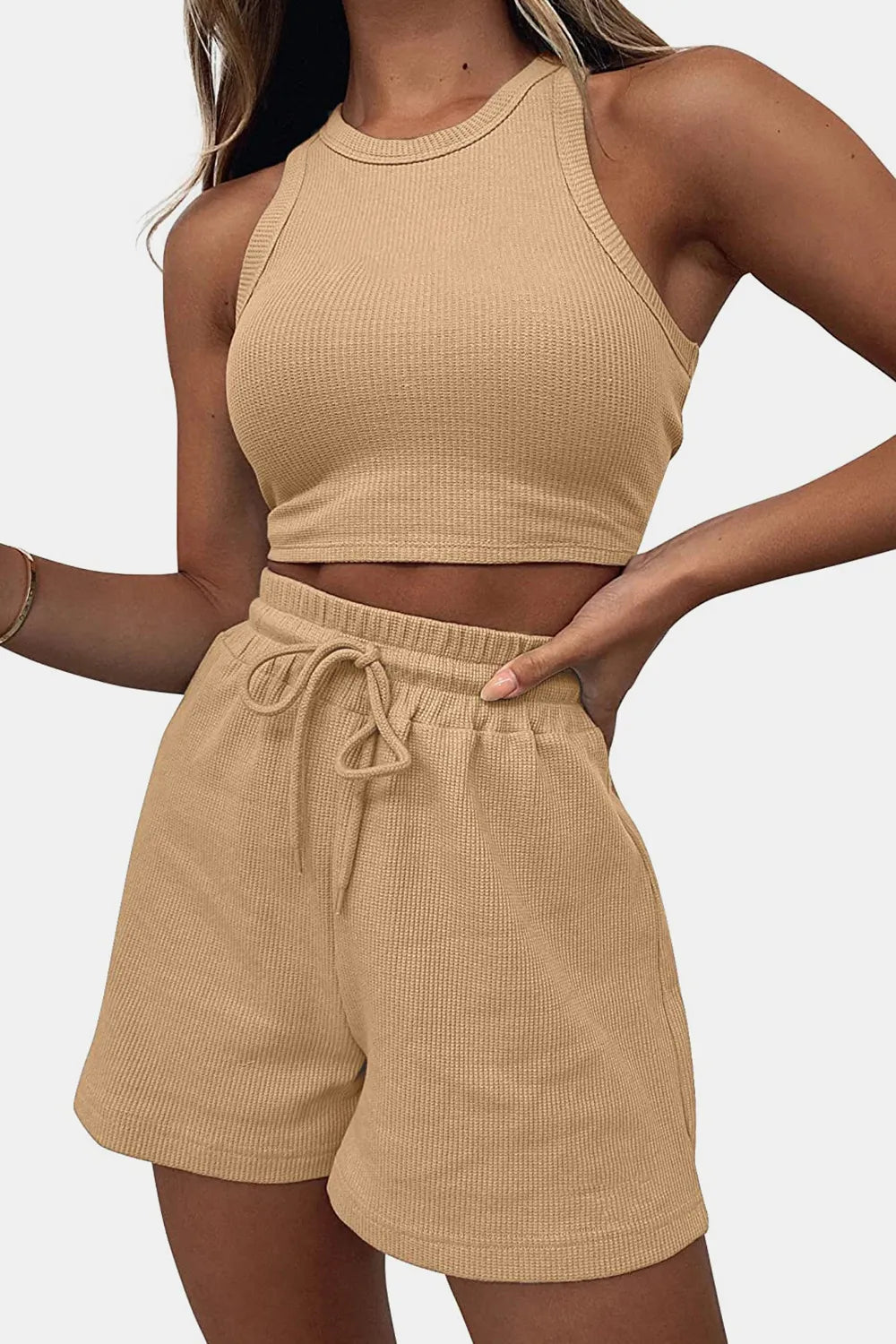 Round Neck Top and Drawstring Shorts Set - R - DRESS