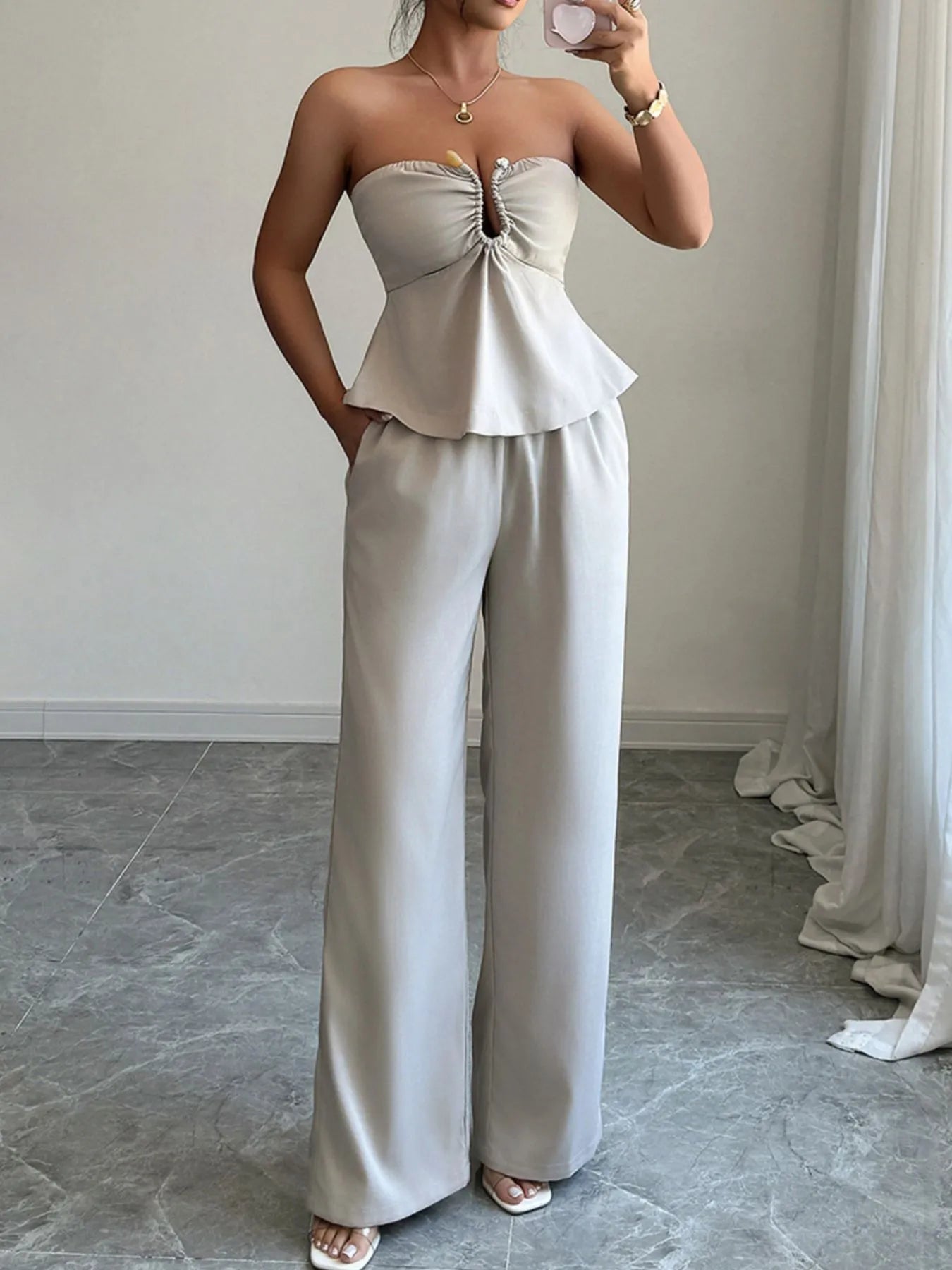Ruched Tube Top and Pants Set - R - DRESS