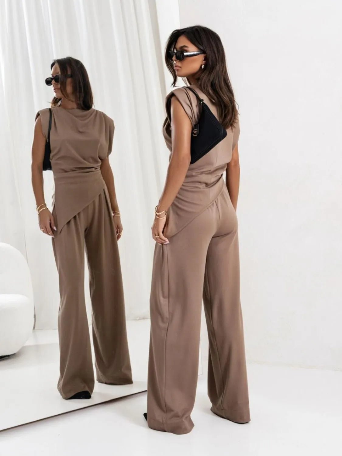 Slit Ruched Top and Wide Leg Pants Set - R - DRESS