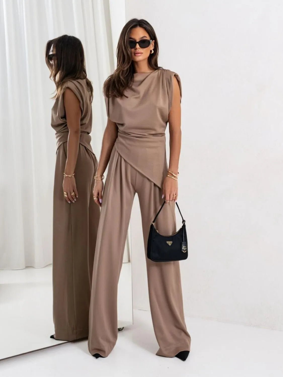 Slit Ruched Top and Wide Leg Pants Set - R - DRESS