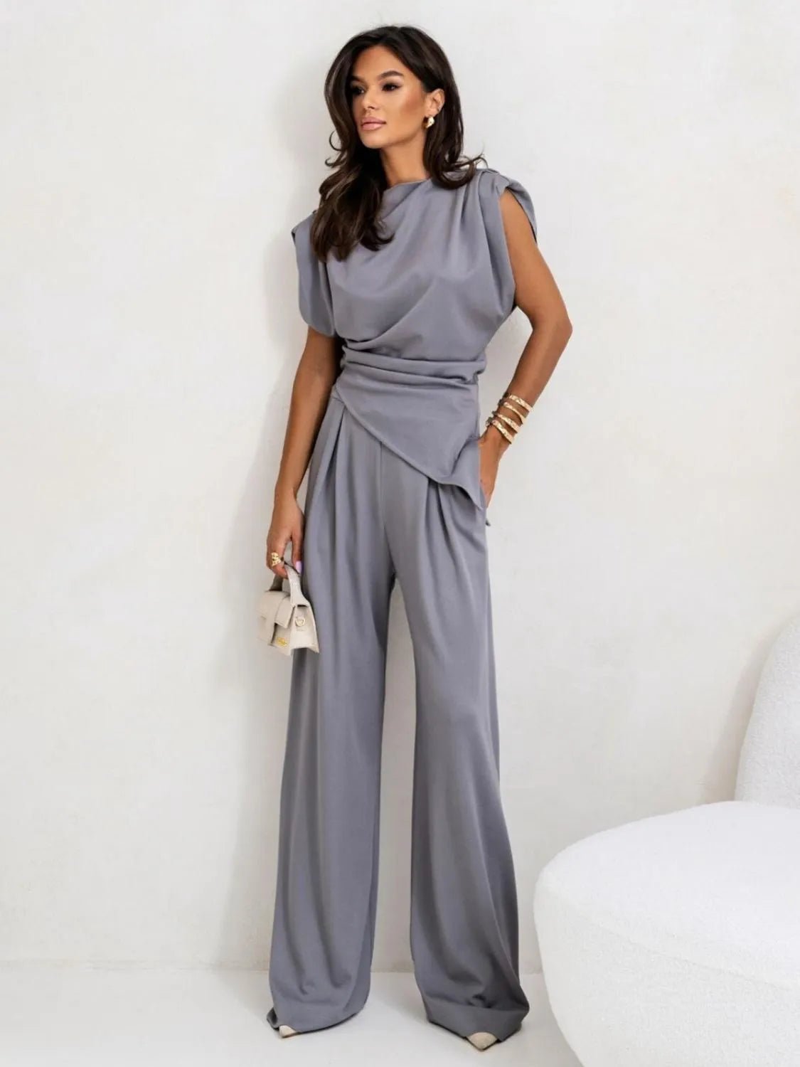 Slit Ruched Top and Wide Leg Pants Set - R - DRESS