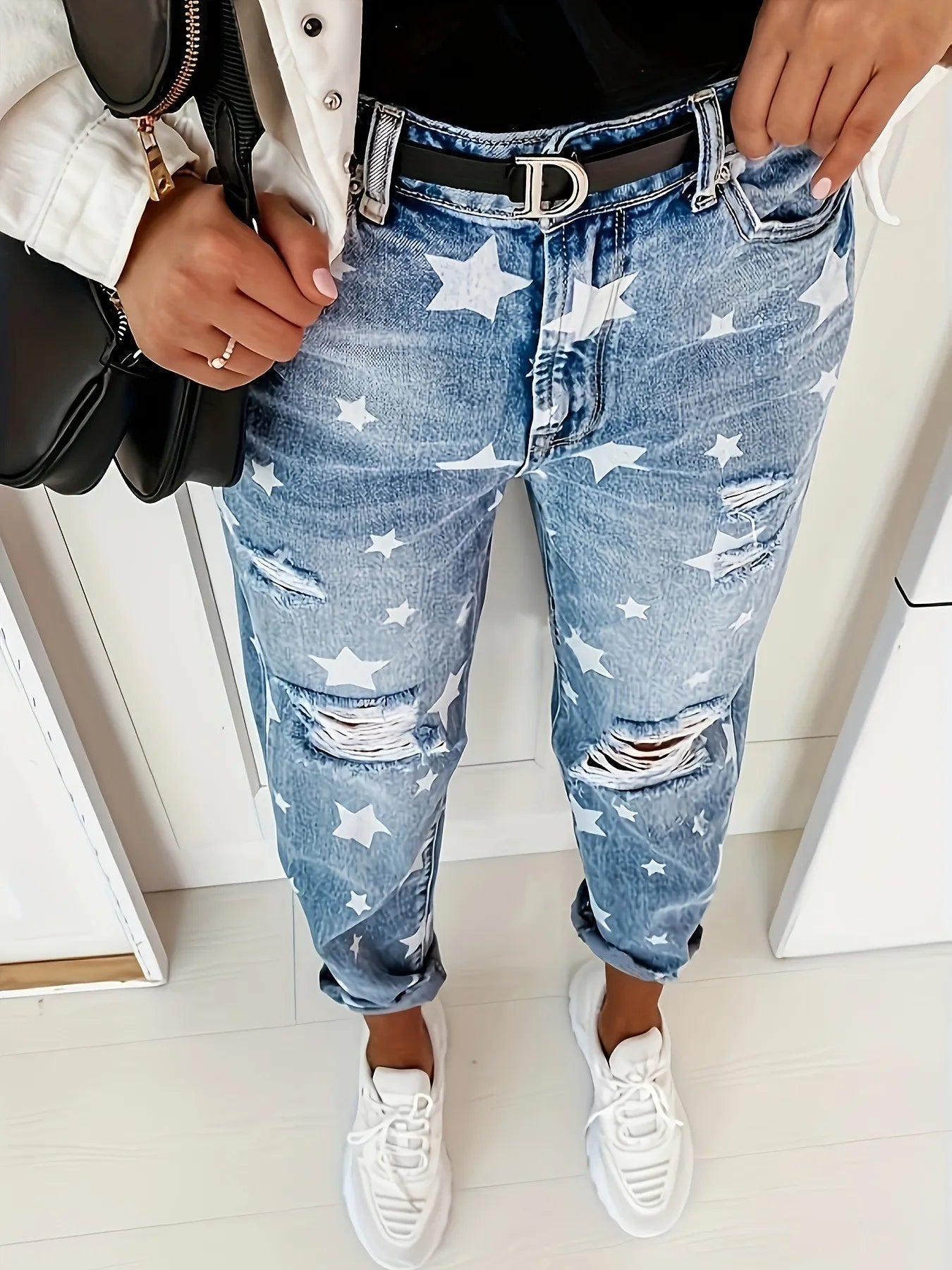 Star Print Distressed High Waist Boyfriend Jeans - R - DRESS