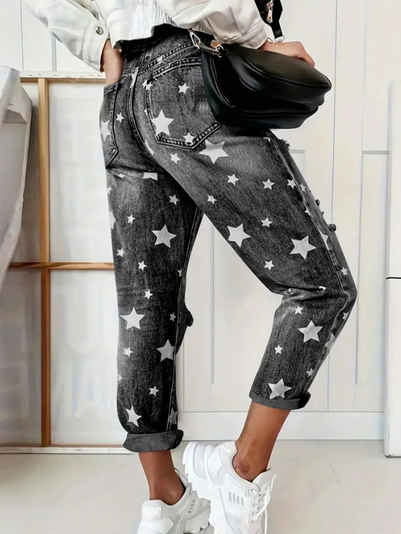 Star Print Distressed High Waist Boyfriend Jeans - R - DRESS