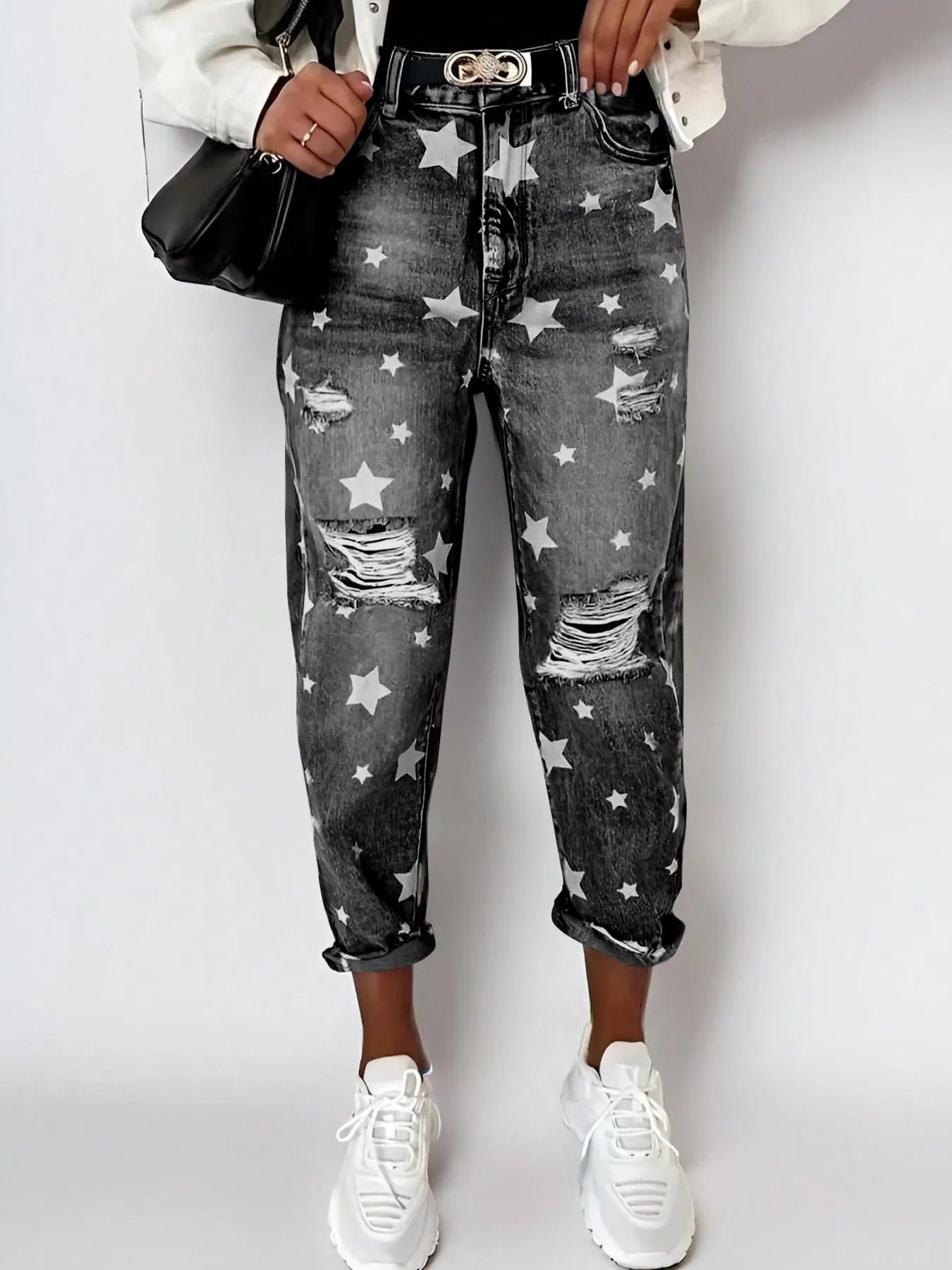 Star Print Distressed High Waist Boyfriend Jeans - R - DRESS