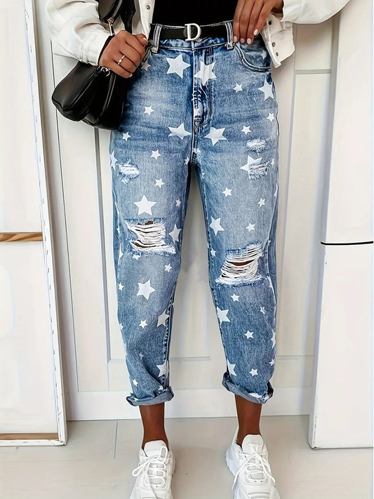 Star Print Distressed High Waist Boyfriend Jeans - R - DRESS