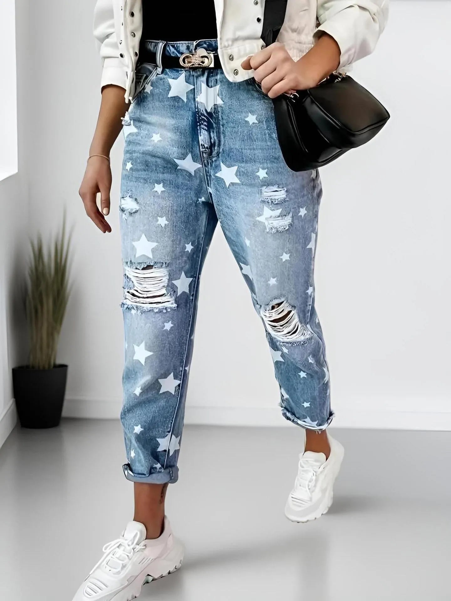 Star Print Distressed High Waist Boyfriend Jeans - R - DRESS