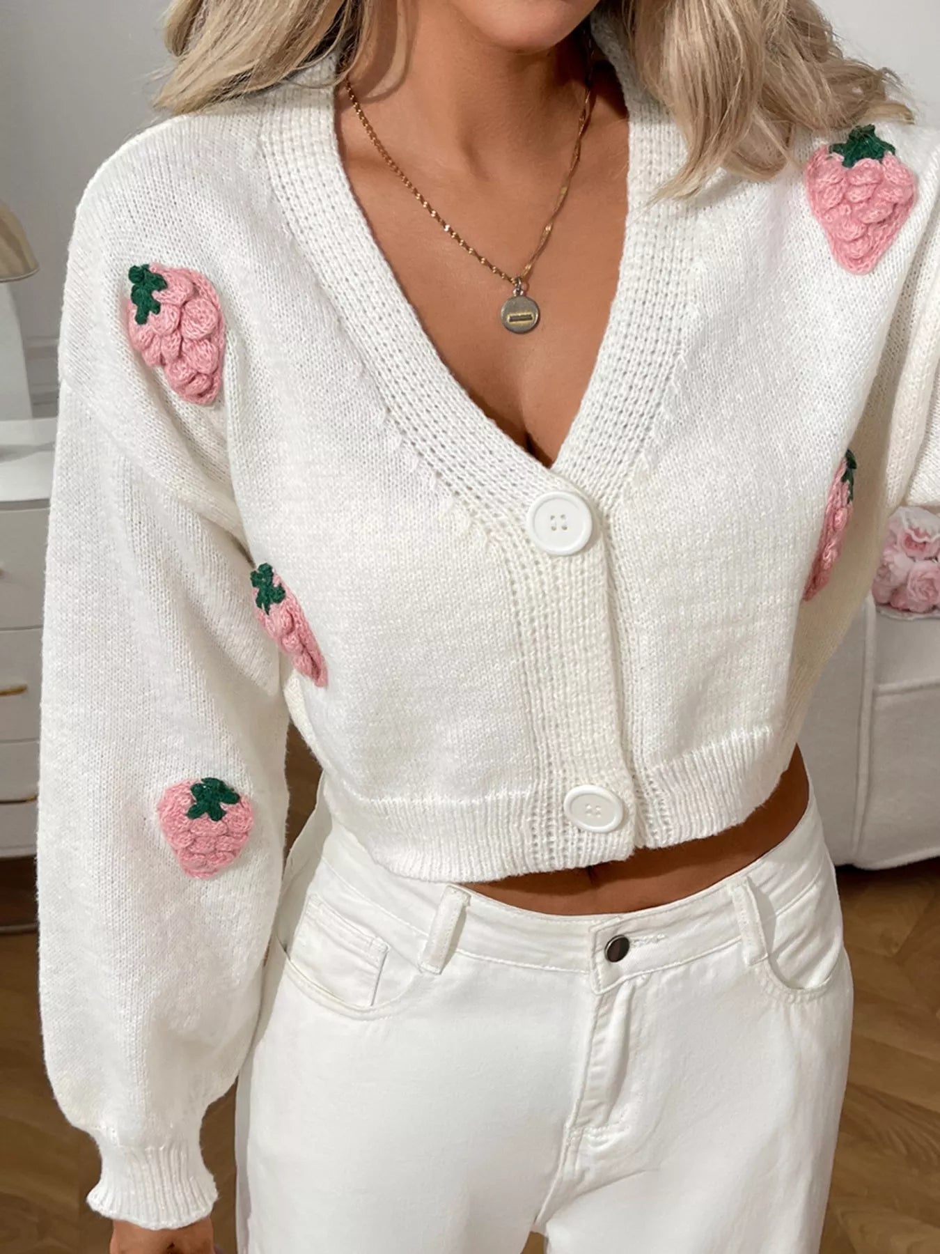 Strawberry Cropped Button - Up Cardigan - R - DRESS
