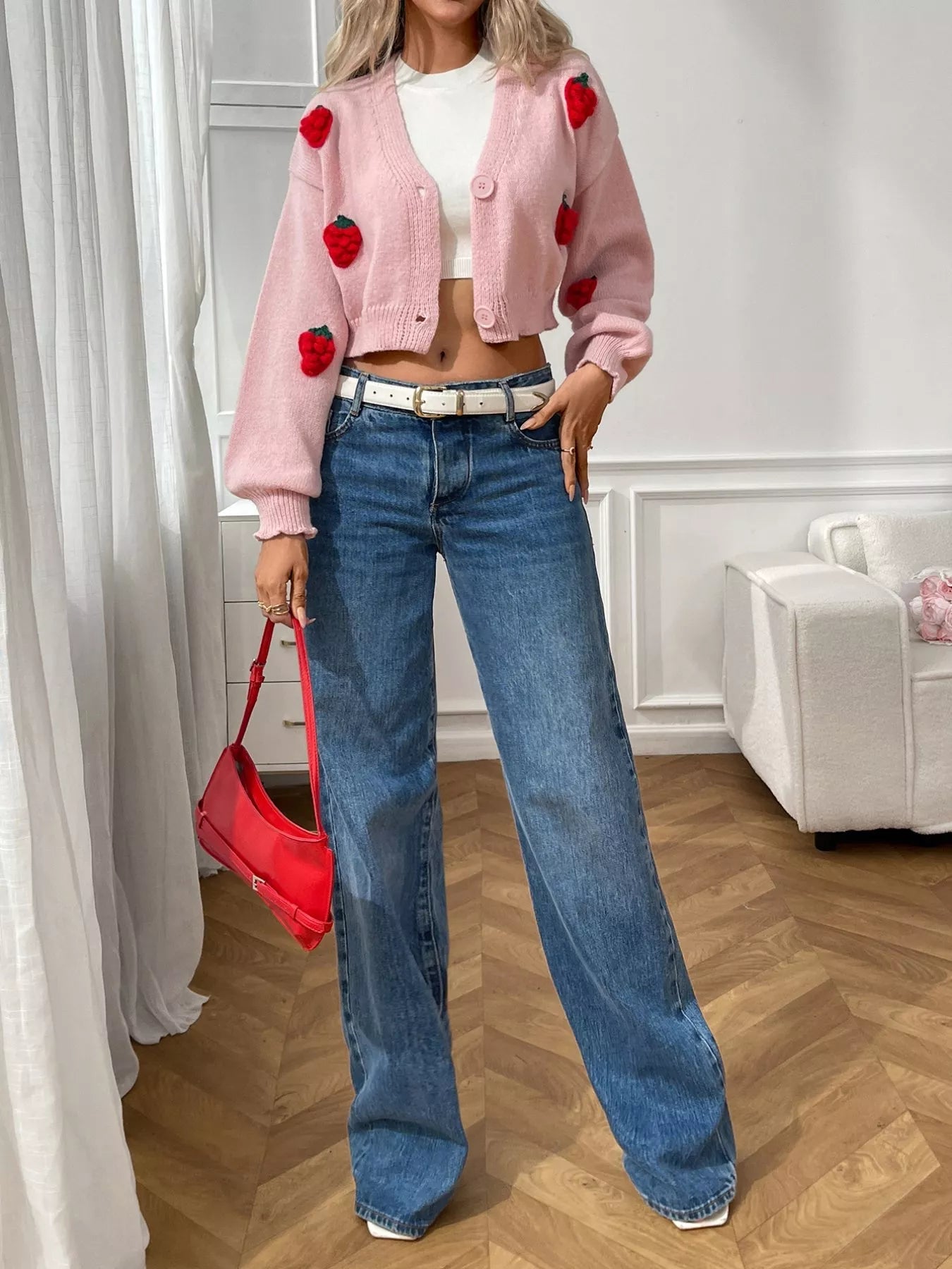 Strawberry Cropped Button - Up Cardigan - R - DRESS