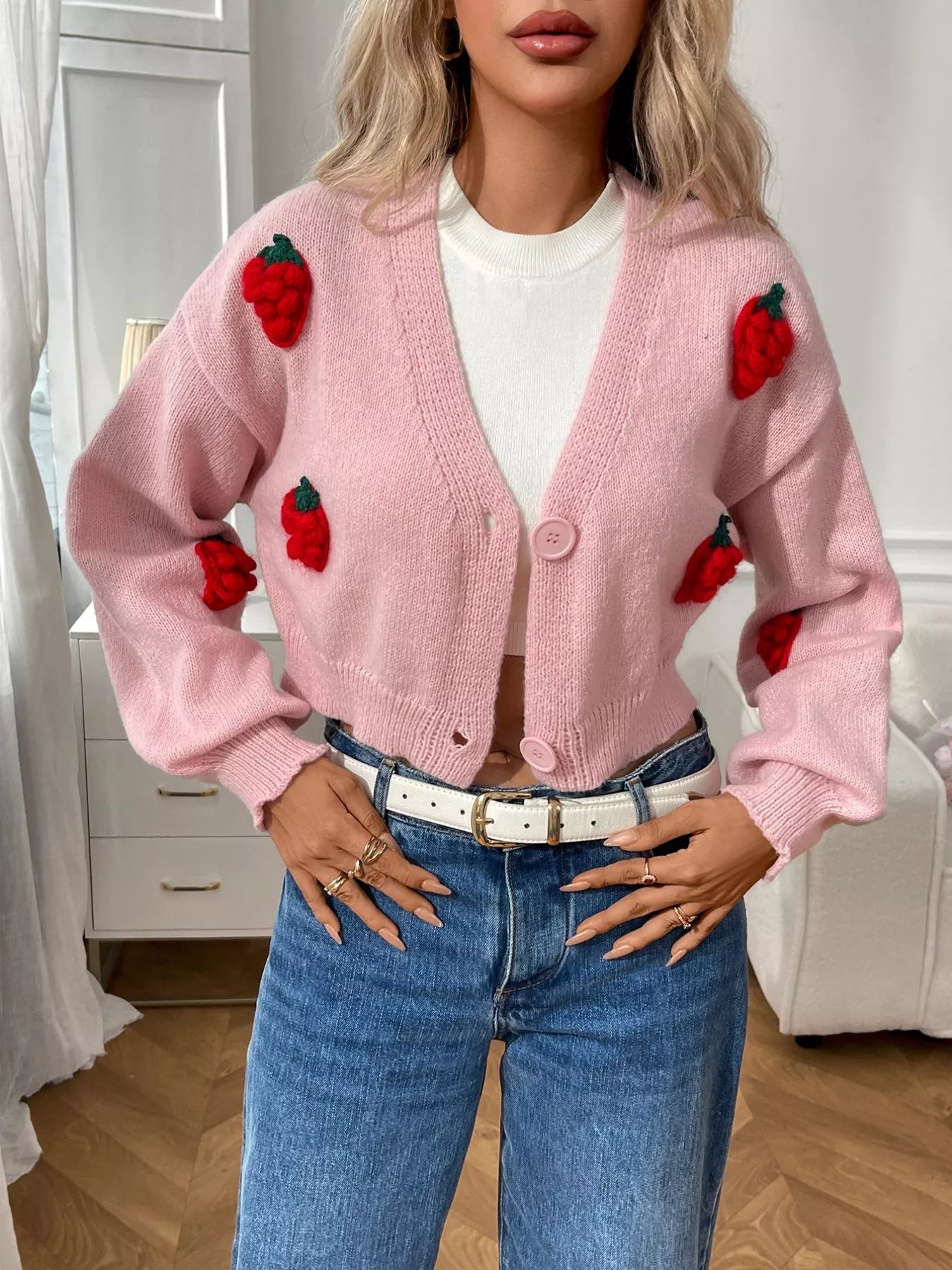 Strawberry Cropped Button - Up Cardigan - R - DRESS