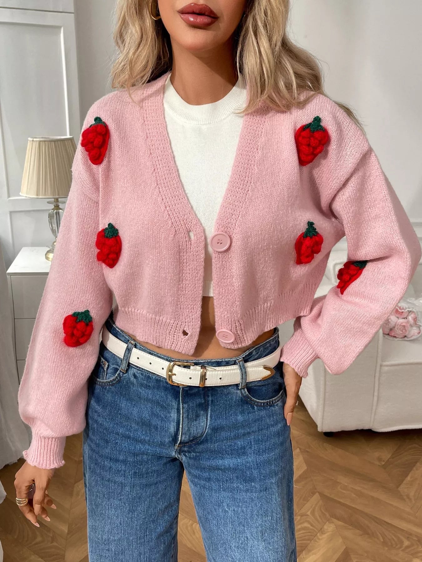 Strawberry Cropped Button - Up Cardigan - R - DRESS