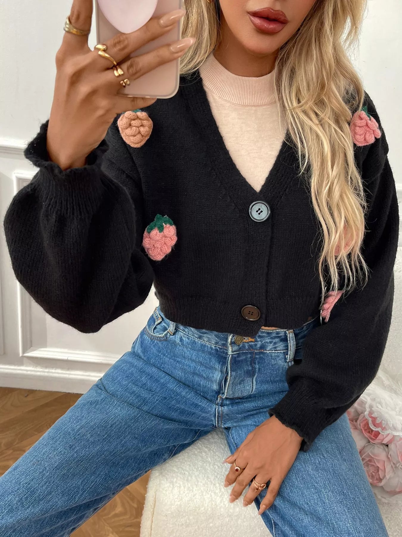 Strawberry Cropped Button - Up Cardigan - R - DRESS
